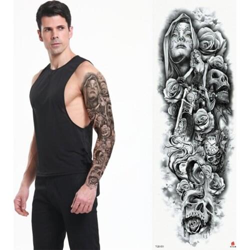 New 1 Piece Temporary Tattoo Sticker dead Skull pattern Full Flower Tattoo with Arm Body Art Big Large Fake Tattoo Sticker