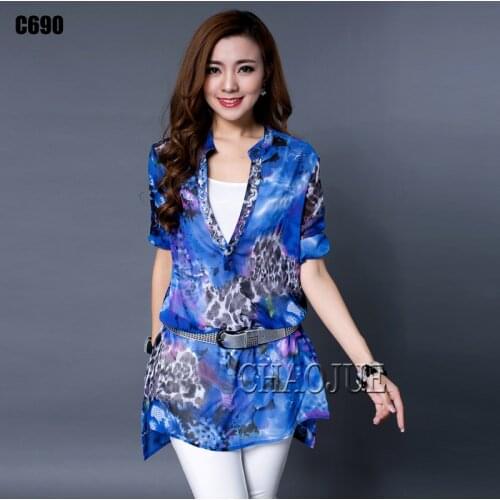 2020 New Arrival Women Summer Blouse Fashion Jacquard 7 Points Sleeve Was Thin Shirt Female Condole Belt Chiffon Shirts S-4xl