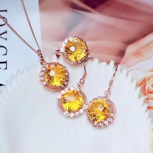 New style yellow citrine ring earrings necklace jewelry set women 925 sterling silver hook earrings rose golden girl party gift