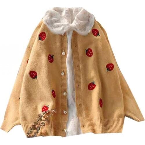Autumn Knit Oversize Cardigan Female Jacket 2020 Strawberry Embroidery O Neck Knitshirt Sweater women Pearl Buttons Tops