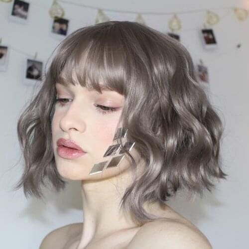 AISI BEAUTY 12''Bob Wig Synthetic Wig Womens Water Wavy Wigs With Bangs Brown Black Purple Natural Hair Wig Daily Cosplay Wigs