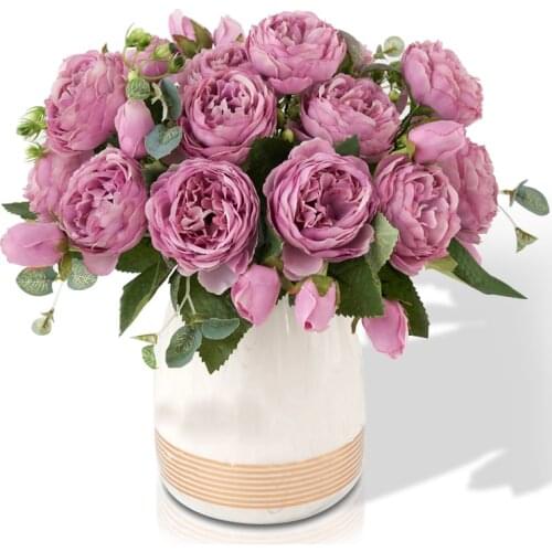 1Pc 5 Heads Peony Flowers Rose Artificial Flower Bouquet Flowers White Rose Peony Silk Fake Flowers Wedding Home Decoration
