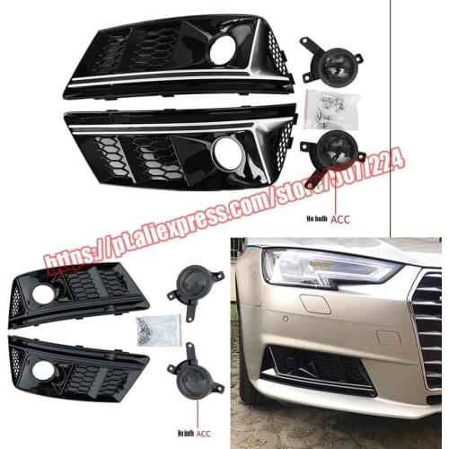 2PCS/Set Front Fog Light Lamp Grille Bumper Cover Grilles W/ACC Black Silver For Audi A4 B9 2017 17 2018 18 2019 19