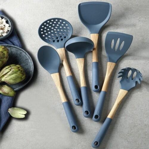 Silicone Wooden Handle Spatula Spoon Kitchen Cooking Utensils Set Ladle Pasta Fork Non-stick Cookware Klein Blue Kitchen Tool