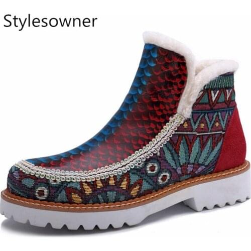 Stylesowner 2019 Winter Warm Fashion Woman Snow Boots with Plush Genuine Leather Retro Hand-made Slip-on All-match Woman Boots