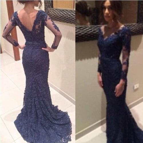 Navy blue lace evening dress 2015 lace long sleeve V neck buttons back long mermaid sweep train prom/party/wedding guest gown