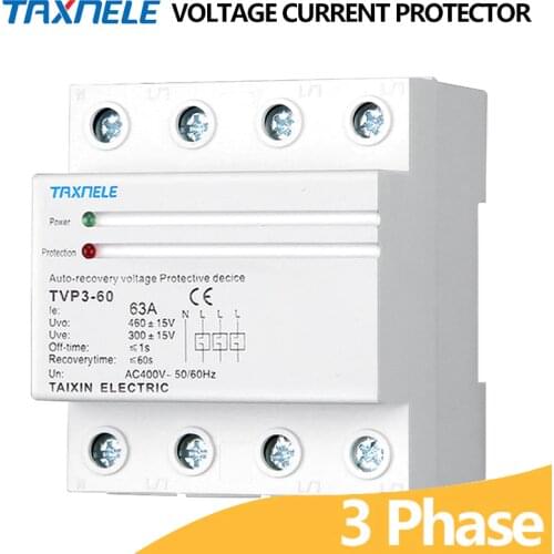60A 63A 380V Three Phase Din rail automatic recovery reconnect over voltage under voltage protective protect protector relay