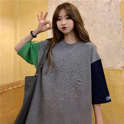 College mid-length 3D concave-convex short-sleeved t-shirt women 2021 summer new loose contrast color half-sleeved top