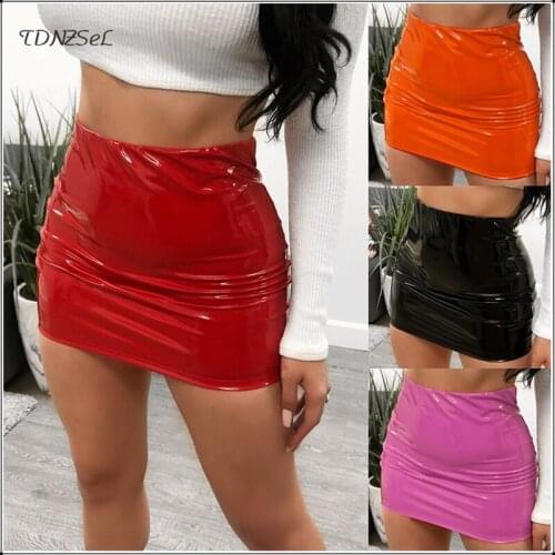 Women Sexy PU Patent Leather Mini Skirt Elastic Waist Skinny Solid Color High Waist Short Skirts Summer Ladys Slim PVC Latex New