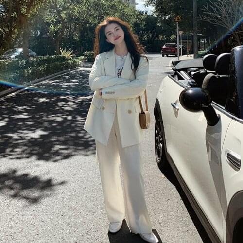 Women White Suits Two Piece Sets Double Breasted Blazer Suit Jacket Coat High Waist Wide Leg Pants Elegant Fashion 2PCS Outfits