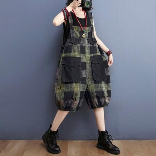 Johnature Women Plaid Denim Rompers Cotton Casual Loose Button Pocket Denim Knee Leegth Summer 2021 New Thin Comfortable Pants