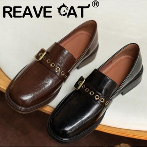 REAVE CAT 2021 New Leather Ladies Flats Retro Round Toe Belt Buckle Lofers Slip On 3cm Chunky Heel Shoes US8 9 Black Brown A4265