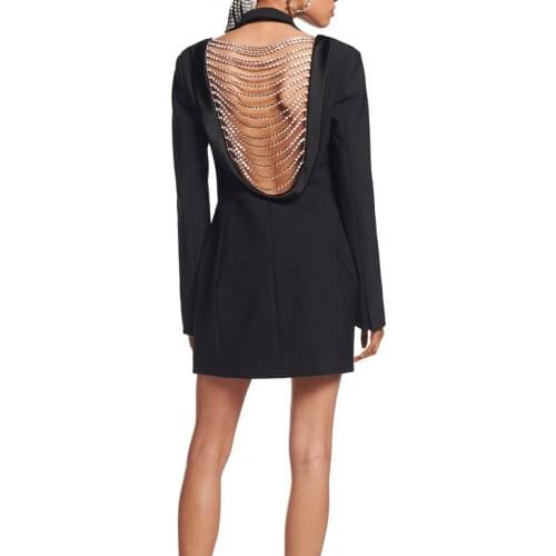 Black Blazer Women Formal Long Fashion Backless Chain Spring Autumn Hot Office Ladies Work Fashion Outwears Blazer New Arrivals