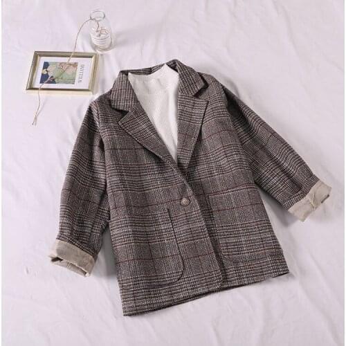 Lattice Retro Small Suit Coat Womens Korean Version Loose Spring Leisure Autumn 2021 New Style