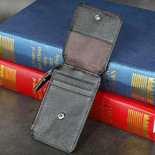 28GD Portable Genuine Leather RFID Blocking Business ID Card Credit Holder Lanyard Purse Wallet