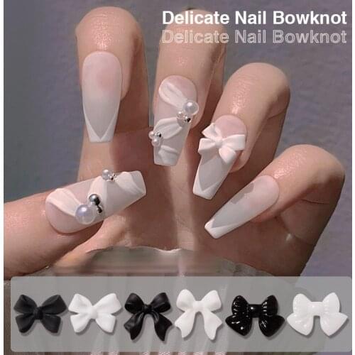 50pcs classic black and white manicure bow new simple resin nail accessories three dimensional ribbon