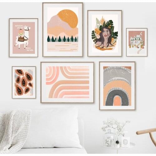 Boho Wall Art Alpaca Rainbow Papaya Girl Canvas Painting Abstract Mountain Sun Posters and Prints Pictures for Living Room Decor