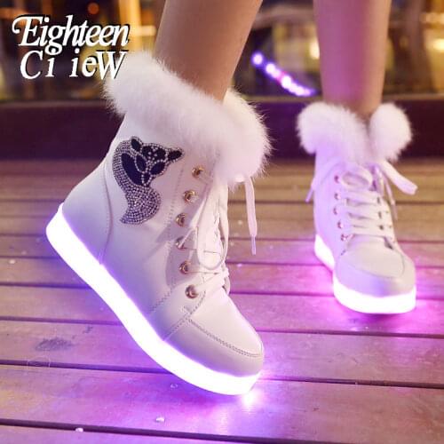 Size 26-40 Children Snow Boots USB Charge Glowing Shoes PU Leather Waterproof Boots for Boys Girls Plush Warm Luminous Shoes