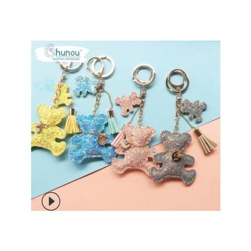 PU Bear Keychain Creative Glitter Charm Keychain Womens Bags Mobile Phone Tassel Keychain Accessories Friends Gift Car Keychain