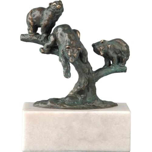 Bronze Little Bears on the Tree Statue Sculpture White Marble Base Wildlife Copper Figurine Statuette for Indoor Decor