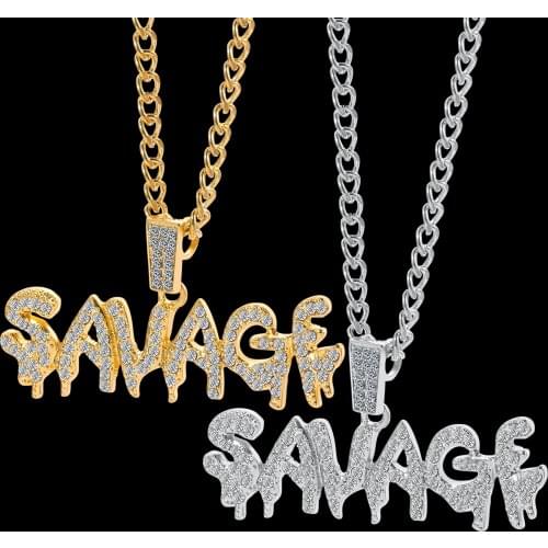 Savage Letter Necklace & Pendant Shiny Ice Out Link Chain Necklace With Tennis Chain Choker Hip Hop Jewelry for Men