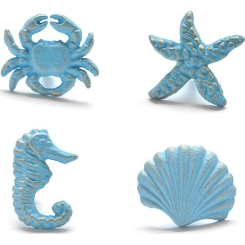 Kids' Room Mediterranean Blue Vintage Iron Art Crab Starfish Shell Door Knob Pull Cloth Hook Ancient Style Cabinet Drawer Handle