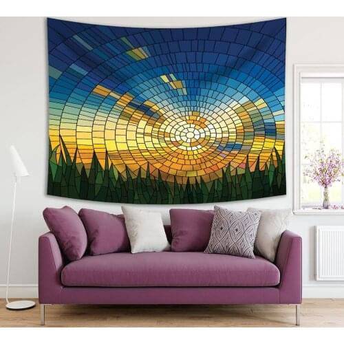 Tapestry Stained Glass Window with Sunrise Blue Sky Yellow Orange Horizon Green Grasses Nature Artwork Print
