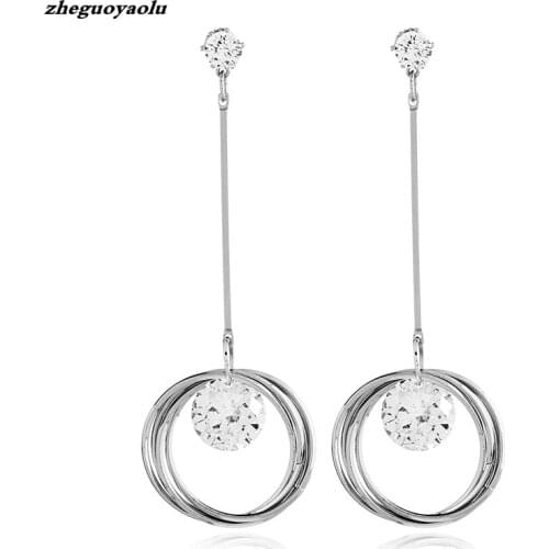 Hot Super Flash Zircon Crystal Earrings Female Korean Temperament Long Round Earrings Exaggerated Ear Jewelry Wedding Earrings