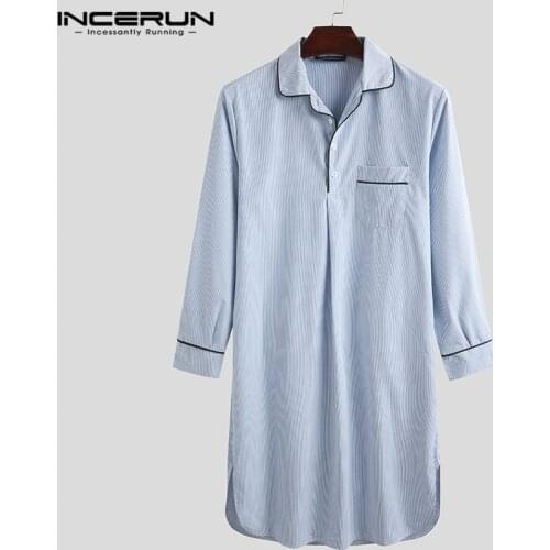 INCERUN Fashion Plaid Mens Sleep Robes Leisure Dress Nightgown Comfortable Lapel Long Sleeve Sleepwear Men Bathrobes Homewear