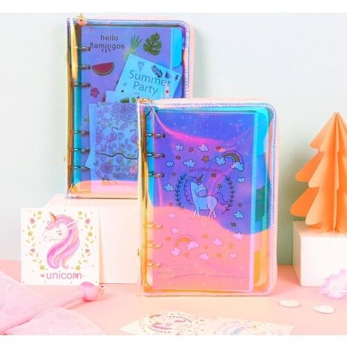 Fromthenon Cute Laser Transparent PVC Zipper Planner Binder Spiral Notebooks Kawaii Office School Unicorn Flamingo Stationery A6