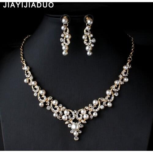 Jiayijiaduo Crystal Bridal Jewelry Set Gold Color Imitation Pearl Rhinestone Womens Party Necklace Set Wedding Jewelry Direct