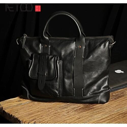 AETOO First-layer leather mens messenger bag, hand-made simple horizontal briefcase, business handbag, leather computer bag