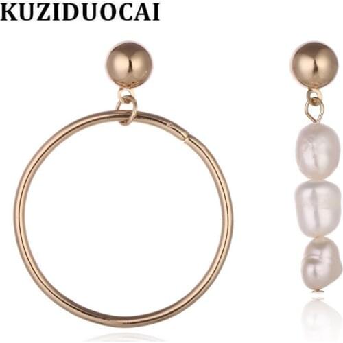Kuziduocai New Fashion Fine Jewelry Will Not Fade Irregular Shape Natural Pearls Asymmetry Round Stud Earrings For Women E-1364
