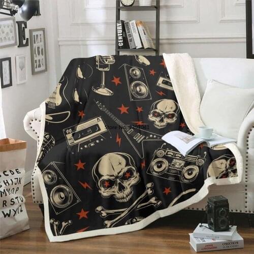 Magnetic Tape Blanket Throw, Sugar Skull Crossed Bones Retro Rock Music Guitar Speaker Record Punk Fleece Blanket, Decorative