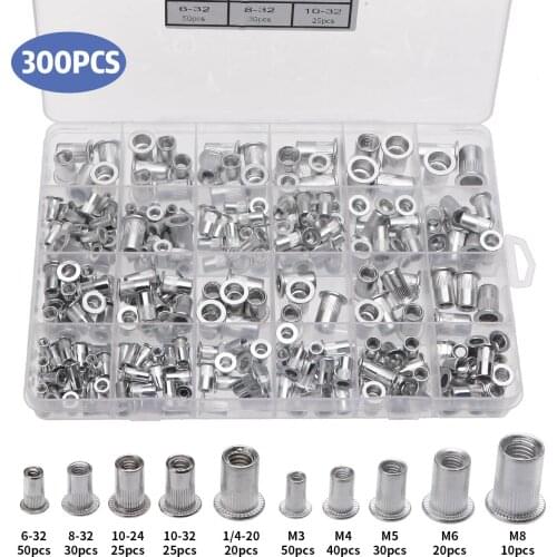 300pcs M3 M4 M5 M6 M8 M10 Zinc Plated Rivet Nuts Set Nutserts Aluminum Threaded Insert Nutsert Cap Flat Head Rivet Nuts