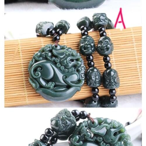 Natural XinJiang gray jade kylin Dragon Amulet Necklace Handwork carven Apotropaion