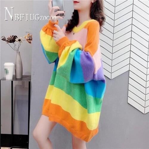 2020 Autumn New Loose Korean Women Sweater Rainbow Stripe Fashion Female Sweaters