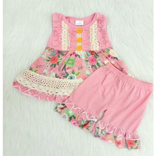 New arrival summer kids clothing set baby girl fashion flowers pattern outfit with lace girl ruffle outfit