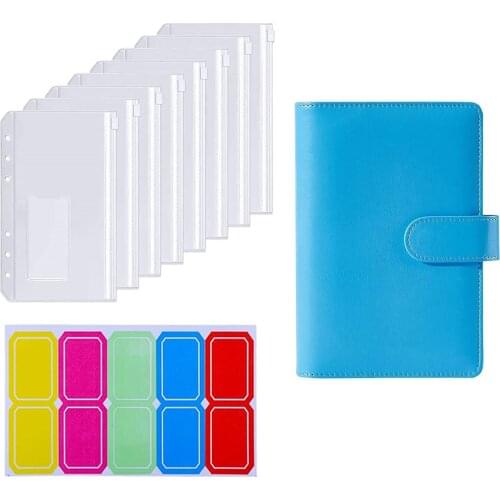A6 PU Leather 6-Ring Binder Notebook Cover Folder Budget Envelope System,8 Clear Zipper Pockets with Label Bag,Label Stickers
