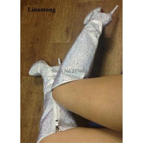Charming Bling Bling Rhinestone High Platform Thin Heel Knee High Boots Round Toe Zipper-up High Heel Long Boots Club Shoes