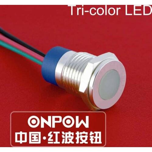 ONPOW 12mm Waterproof IP67 Flat Tri-color RGB Pilot lamp 6V, 12V, 24V LED Indicator light (GQ12T-D/Y/RGB/S)
