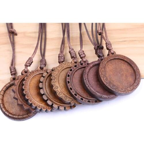 Reidgaller 5pcs 30mm woodd cabochon pendant base settings with leather cord diy blank bezel trays for necklace jewelry making