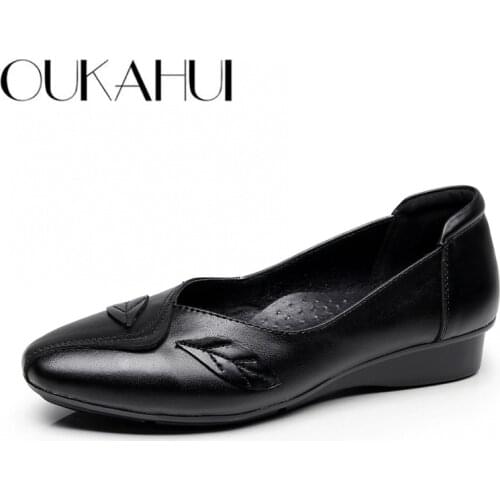 OUKAHUI Spring Fashion Pointed Toe Flats Shoes Women Genuine Leather Leaves Decoration Low Heel Party Shoes Ladies Elegant Flats
