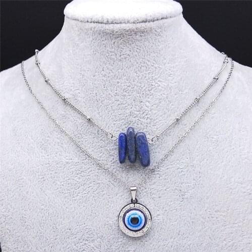 Stainless Steel Crystal Turkey Eye Layered Necklaces Silver Color Blue Natural Stone Necklaces Jewelry acier inoxydable N302S04