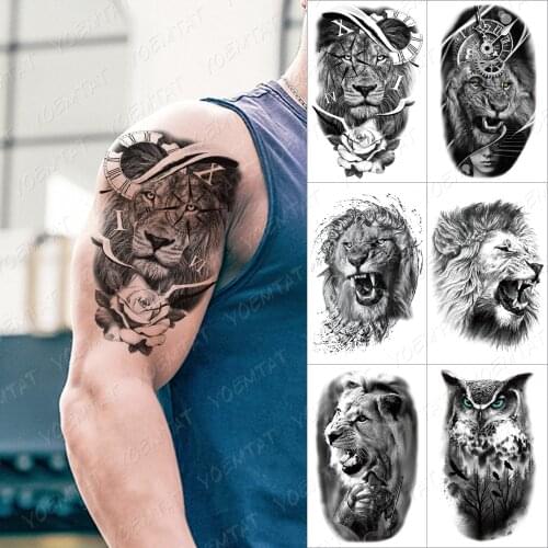 Gear Rose Lione Owl Temporary Tattoo Sticker For Men Women Rose Tiger Waterproof Fake Henna Wolf Tiger Animal Body Art Tatoo