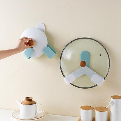 Adjustable Pot Lid Holder Self Adhesive Punch-Free Pan Cover Storage Rack Wall Mounted Kitchen Cooking Utensil Tool Organizer