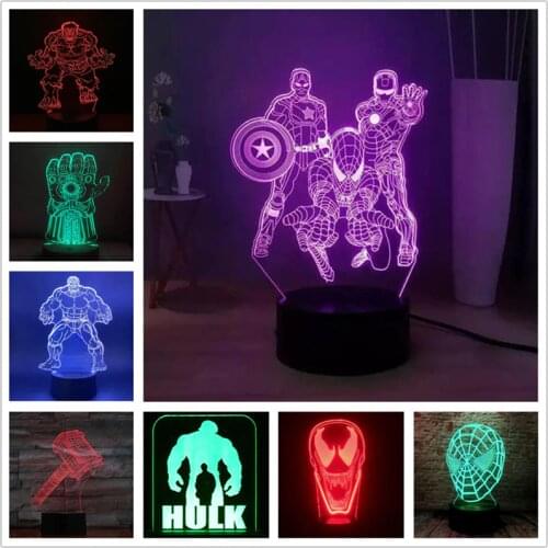 Marvel 3D Lamp The Avengers LED Night Light Movie Lampara Iron Man Spiderman Venom Hulk Thor Thanos Decoration Lights Home Decor