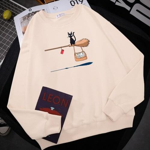 Kikis Delivery Service Cat On Magic Broom Print Hoodie Mens Autumn Fleece Hoody Warm Loose Sweatshirt Autumn Fleece Clothes Top