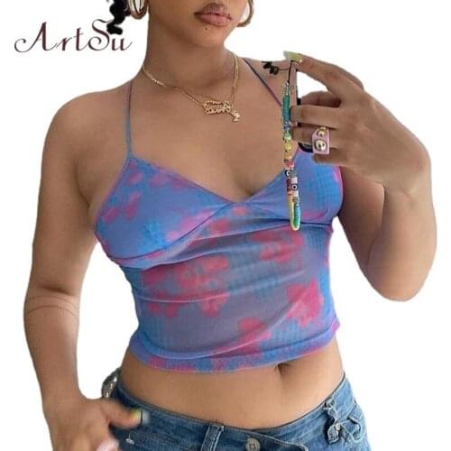 ArtSu Mesh Top Baby Tee Y2K Clothes Summer Sleeveless Off the Shoulder Backless Goth Crop Tops Women Corset Camis Bralette Vest