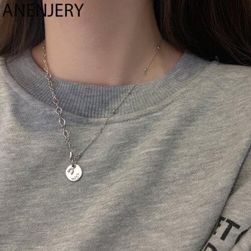 ANENJERY 925 Sterling Silver Round Disc Asymmetric Chain Necklaces For Women Sweater Chain All-match Jewelry Wholesale